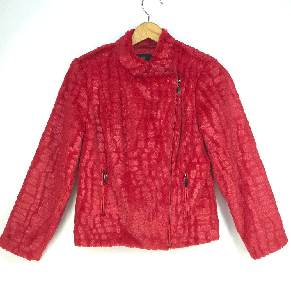 Adrienne Landau Red Textured Faux Fur Moto Jacket Medium Asymmetrical Zip Lined